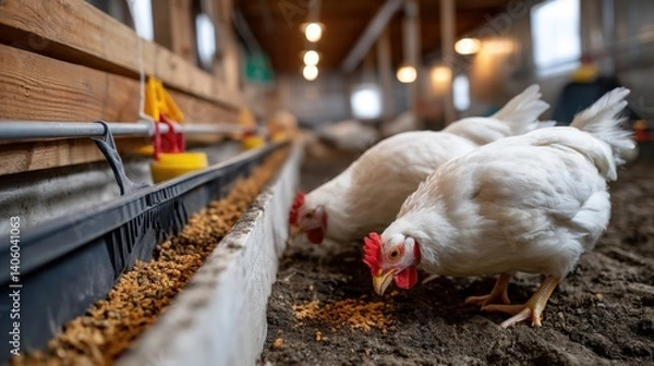 Obraz Chickens Feeding in a Modern Poultry Farm Barn with Automated Equipment