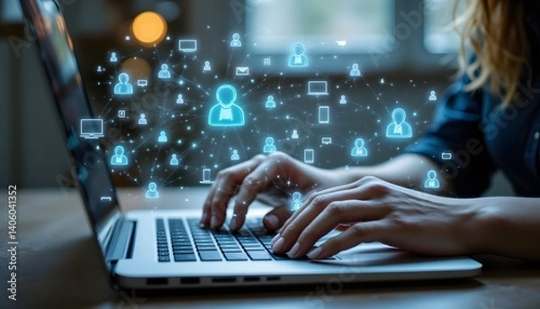 Fototapeta Woman's Hands Typing on Laptop with Digital Network Graphics Display