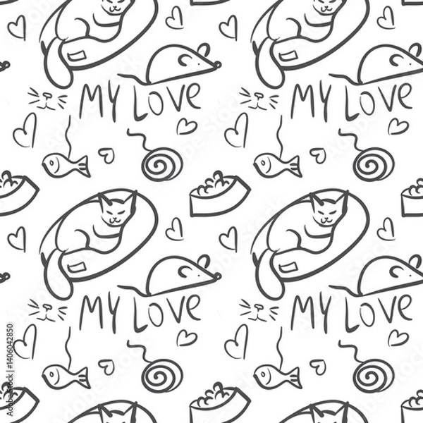 Fototapeta seamless pattern with cat pet cat food cat toy printable white grey blackwhite cat sleeping cute cat pattern to print