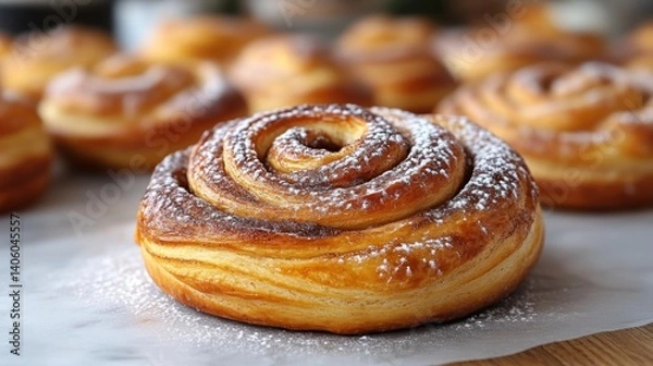 Fototapeta Delicious Spiral Pastry with Golden Layers and Powdered Sugar Sprinkled on Top Perfect for Bak