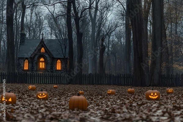 Obraz Spooky Magical Halloween Atmosphere Background – Haunted House, Pumpkins, and Ghosts. Pumpkins, Bats, Full Moon, Witches, Bats, and Spooky Vibes. 