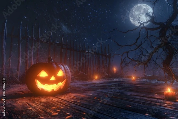 Obraz Spooky Magical Halloween Atmosphere Background – Haunted House, Pumpkins, and Ghosts. Pumpkins, Bats, Full Moon, Witches, Bats, and Spooky Vibes. 