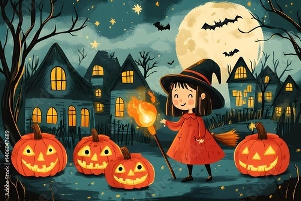 Obraz Spooky Magical Halloween Atmosphere Background – Haunted House, Pumpkins, and Ghosts. Pumpkins, Bats, Full Moon, Witches, Bats, and Spooky Vibes. 
