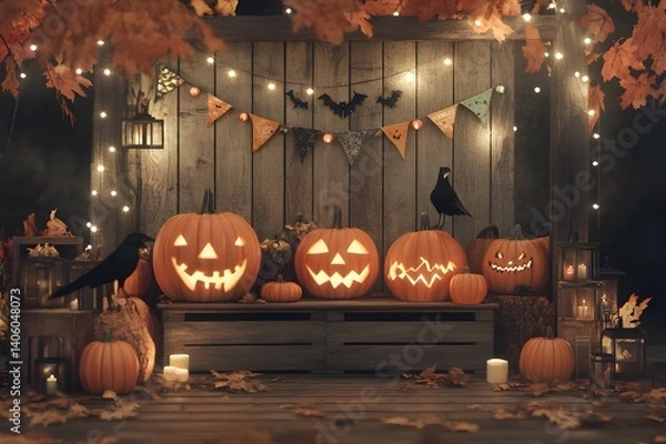 Obraz Spooky Magical Halloween Atmosphere Background – Haunted House, Pumpkins, and Ghosts. Pumpkins, Bats, Full Moon, Witches, Bats, and Spooky Vibes. 