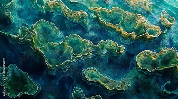 Fototapeta Aerial shot of a vast coral reef system arranged in naturally ordered patterns