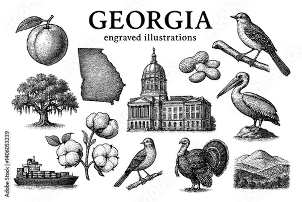 Fototapeta Engraved artistic representations of Georgia's landmarks, flora, and fauna showcasing the state's rich heritage and diversity