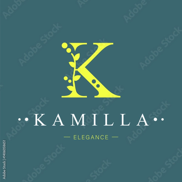 Fototapeta Logo, capital letter K. Monogram of Botanical Minimalistic, Initial. with Organic Plant Elements.  Vector design. for beauty salon or art studio.