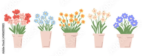 Fototapeta Set of cute potted flowers vector illustration. Spring floral collection in simple, flat hand drawn style. Perfect for decoration, cards, stickers. Bright and cheerful botanical elements.