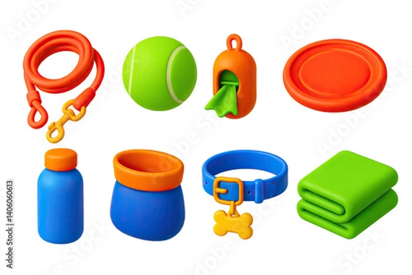 Obraz 3D icon set of dog park essentials: leash, tennis ball, poop bag, frisbee, water bottle, treat pouch, tag collar, clean towel. 3d icon. icons set of 3d style in a modern design. Isolated