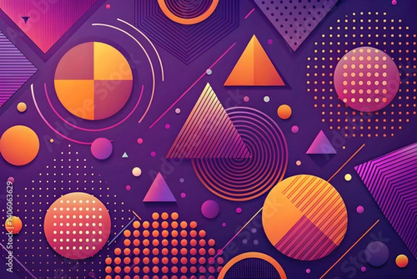 Fototapeta Vibrant Abstract Art with Purple Background and Geometric Shapes Featuring Patterns and Gradients