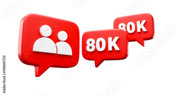 Fototapeta Three dimensional rendering of eighty thousand followers notification icons on a black background