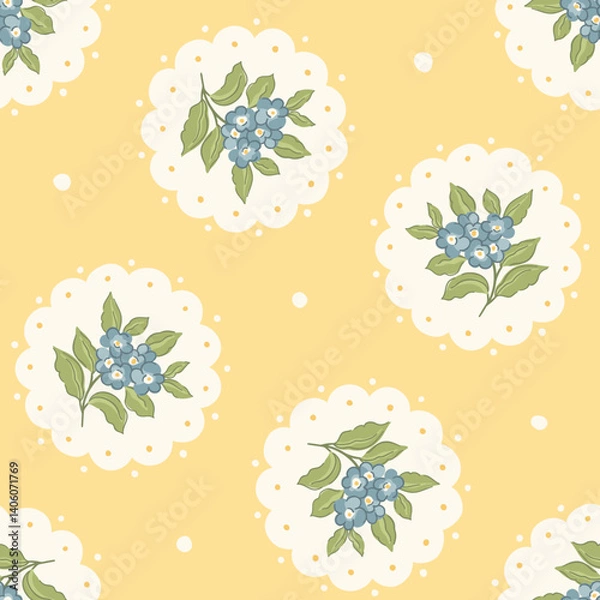 Obraz Delicate vintage forget-me-not vector seamless pattern, classic blue spring flowers in white scalloped medallions on sunny yellow background. Nostalgic 50s floral design. Traditional cottagecore print