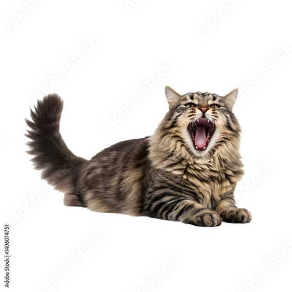 Fototapeta Fluffy domestic cat yawning while resting on clean white background