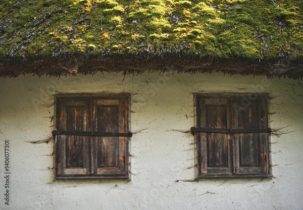 Fototapeta Part of an abandoned old traditional house with wooden windows and a slate roof covered moss and lichen. Two brown windows with closed shutters covered cobwebs on a white wall of a clay house