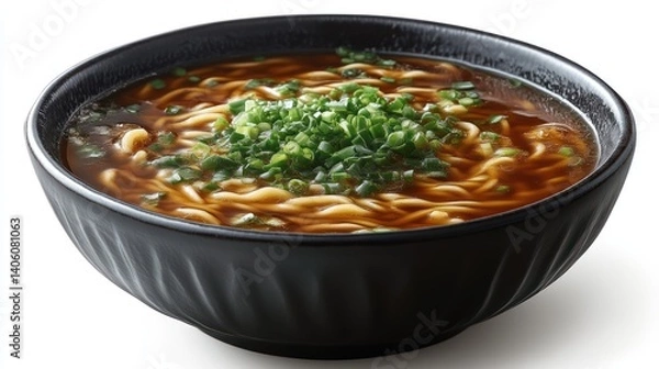 Fototapeta A steaming bowl of noodle soup topped with fresh green onions perfect for culinary and food ph