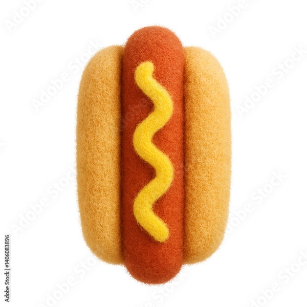 Fototapeta Top-down view of a plush toy hot dog with a fuzzy bun, textured sausage, and a wavy yellow mustard line, all rendered in soft fabric on a transparent background