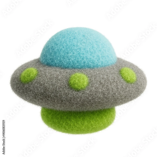 Fototapeta Whimsical plush toy shaped like a UFO with a blue dome, gray body, and green accents, designed in soft textured fabric and displayed against a transparent background