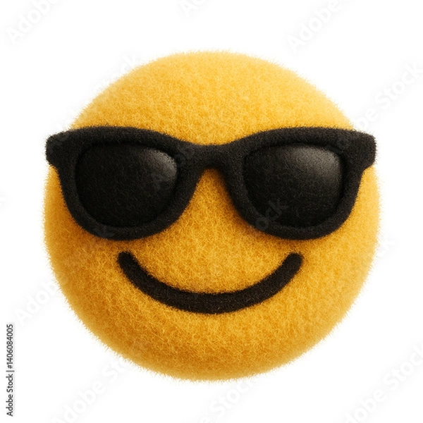 Fototapeta Plush toy designed as a cool emoji face wearing black sunglasses, with a cheerful smile and fuzzy yellow texture, set against a clean white background.