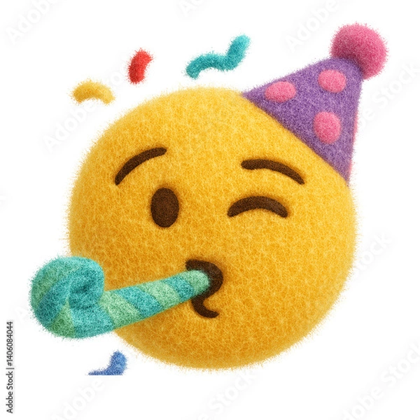 Fototapeta Playful plush toy emoji with a winking face, wearing a party hat and blowing a party horn, surrounded by colorful confetti, made from soft fuzzy fabric on a transparent background