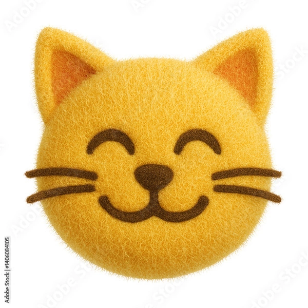 Fototapeta Plush toy emoji styled as a smiling cat face with closed eyes and visible whiskers, crafted from soft yellow fuzzy fabric and isolated transparent background