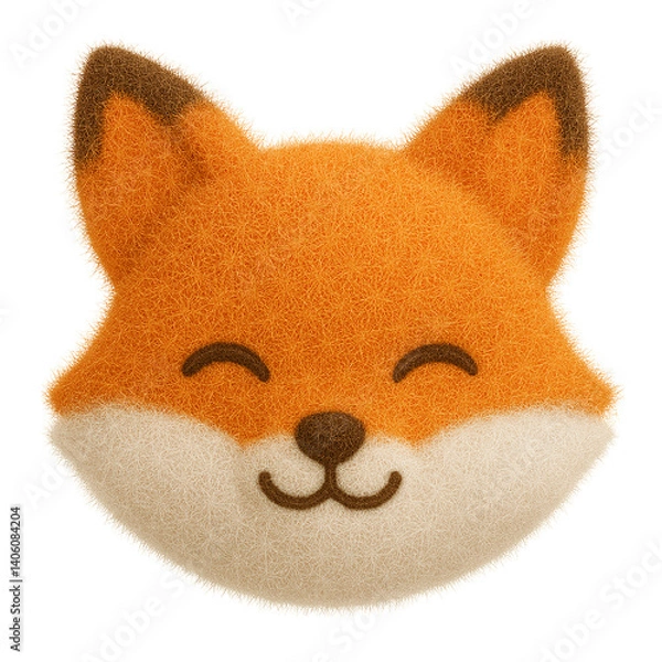 Fototapeta Adorable plush toy emoji of a smiling fox face with closed eyes and soft, fuzzy orange and white fabric, presented with a transparent background for flexible use