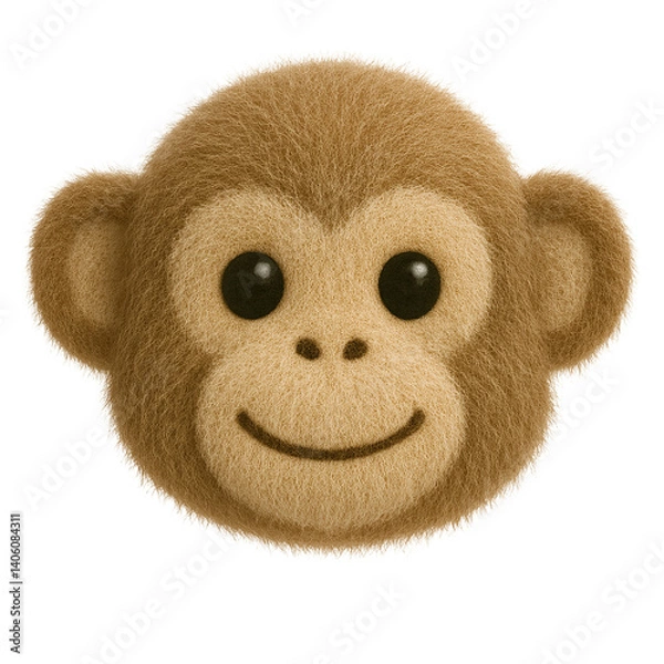 Fototapeta Charming plush toy emoji of a smiling monkey face with big black eyes and a soft brown fuzzy texture, isolated on a transparent background for flexible design use