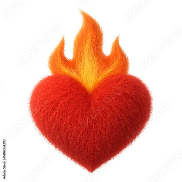 Fototapeta Plush toy emoji of a fiery red heart engulfed in soft, flame-like textures of orange and yellow, combining warmth and passion, isolated on a transparent background