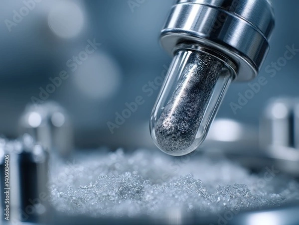 Fototapeta Metallic substance encased in a glass capsule is held by stainless steel machinery. Background features blurred elements and crystalline structures, creating a scientific feel