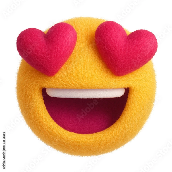 Fototapeta Plush toy emoji with an open smile and heart-shaped eyes, crafted from fuzzy yellow and pink fabric, expressing love and excitement, isolated on a transparent background