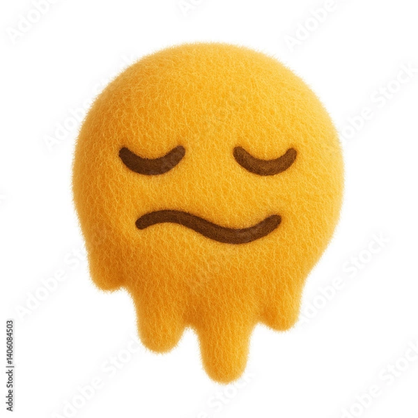 Fototapeta Plush toy emoji of a melting face with closed eyes and a wavy mouth, rendered in soft yellow fuzzy fabric, symbolizing exhaustion or overwhelm, on a transparent background.