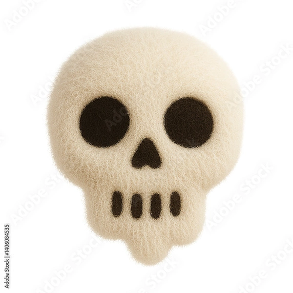 Fototapeta Plush toy emoji of a skull with black eye sockets and a simple bone structure, made from soft off-white fuzzy fabric, isolated on a transparent background for themed use.