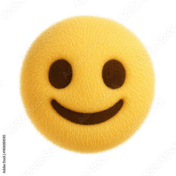 Fototapeta Plush toy emoji of a classic smiling face with round eyes and a simple curved mouth, crafted from fuzzy yellow fabric, isolated on a transparent background for versatile use