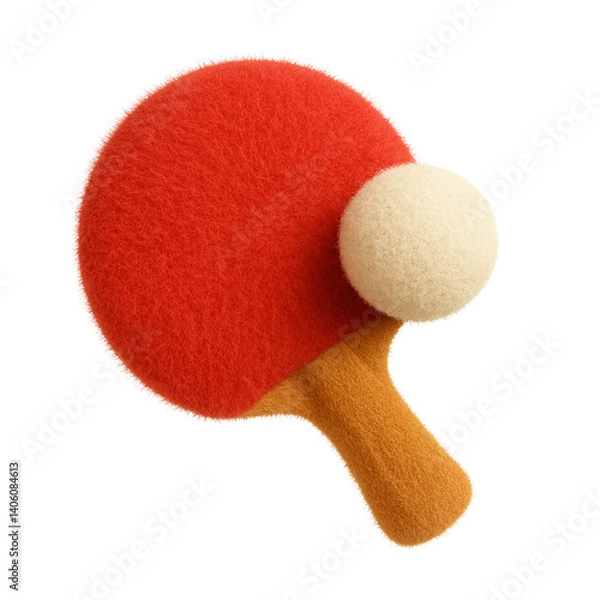 Fototapeta Plush toy emoji of a red ping pong paddle with a beige ball, crafted from soft fuzzy fabric, isolated on a transparent background, representing table tennis or playful activity