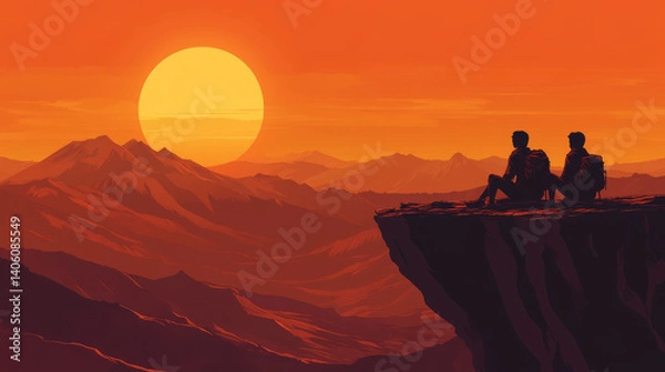 Fototapeta Two silhouetted hikers sitting on a cliff watching the sunset over mountains. concept of adventure, serenity, and nature appreciation in scenic landscapes.