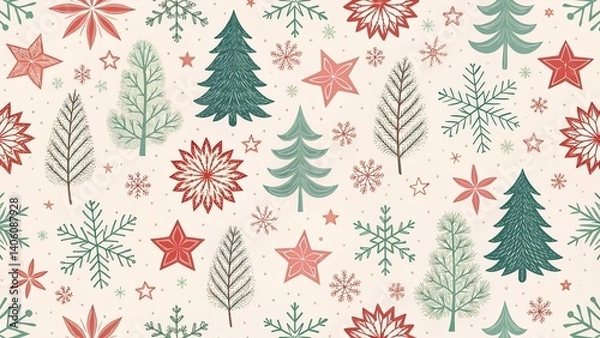 Fototapeta "Seamless Christmas pattern with hand-drawn snowflakes, stars, and trees in soft pastel red and green"
