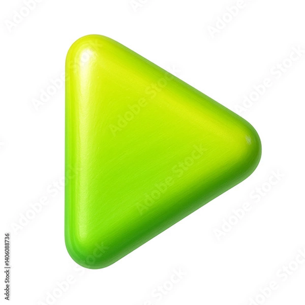 Fototapeta Glossy 3D play button emoji in a vibrant yellow-to-green gradient, featuring smooth rounded edges and a sleek triangular shape, isolated on a transparent background