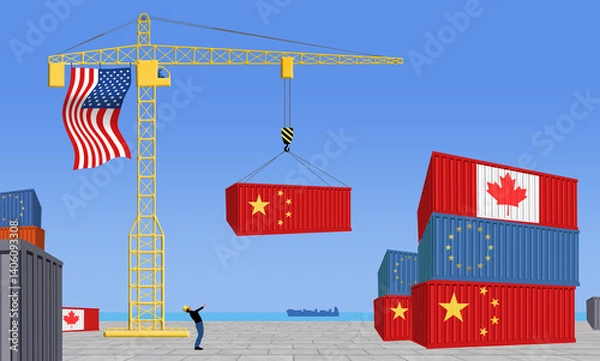 Fototapeta An American flag is on a tower crane in a USA shipping port as it unloads a cargo container from China. Containers from the Europe and Canada  are  in this 3-d illustration about tariffs.