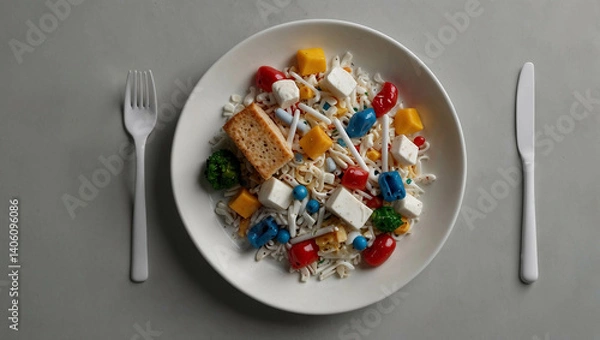Fototapeta Minimalist image of a dinner plate filled with microplastics, wrappers, and straws—highlighting plastic in our food chain. Minimal pollution and environmental protection concept. Copy space.