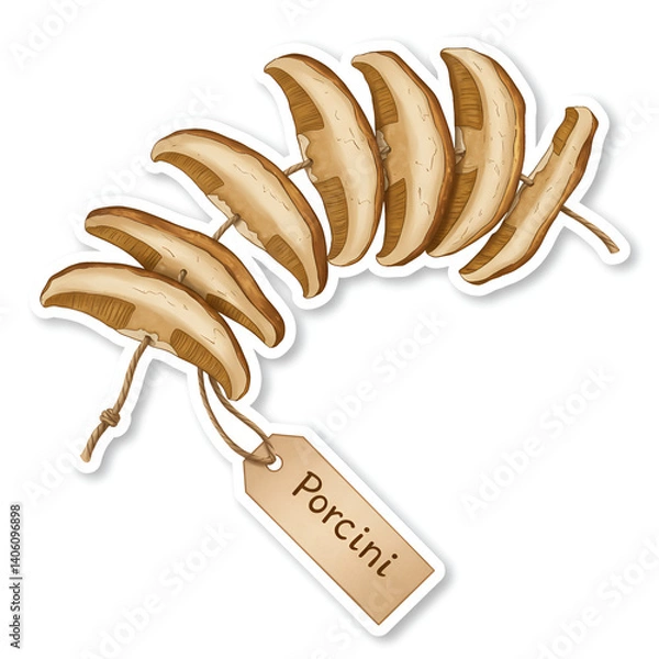 Obraz Dried porcini mushrooms sticker with string tag on white background – forest harvest illustration