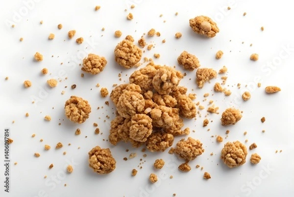 Fototapeta Crunchy Peanut Butter Granola: Close-up shot of scattered granola clusters, featuring a vibrant peanut butter flavor, perfect for capturing attention in advertising, packaging, and food blogs.