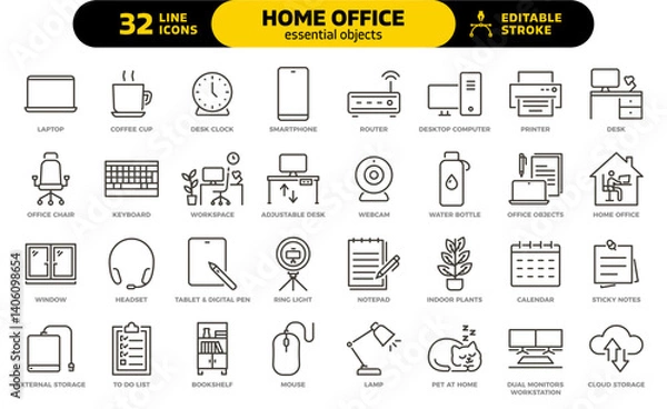 Fototapeta Home office essential objects icon set. Thin line editable stroke icons for remote work, workspace setup, productivity