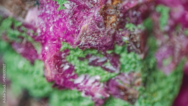 Fototapeta Cobaltocalcite with Kolwezite (green structural type of malachite) on matrix. Kolwezi, Lualaba, DR Congo. High magnification microscopy, scale of 10X