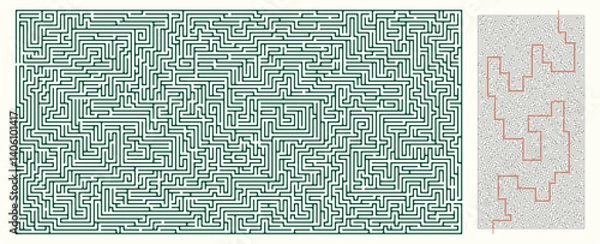 Obraz Labyrinth game, large size and complex design. Labyrinth (brain game) vector graphic. Maze (labyrinth) with solution.