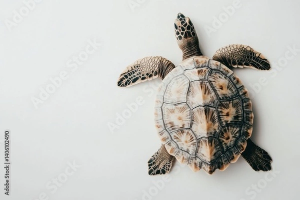 Fototapeta Top down view of a turtle with a patterned shell on a minimalist white background showcasing natural beauty and intricate design