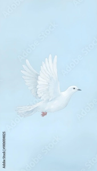 Fototapeta Minimalist digital painting of a serene dove against a calming gradient sky Pure white feathers and soft highlights evoke peace and hope