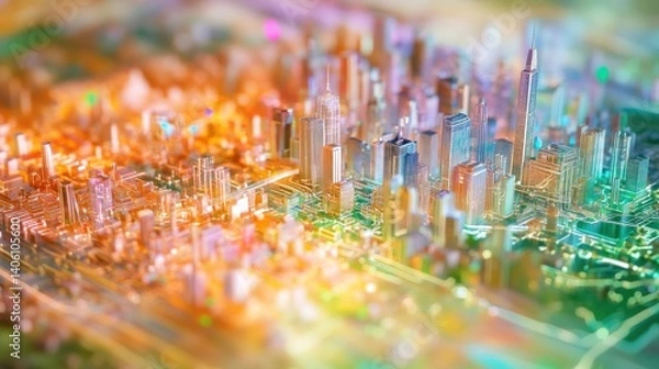 Fototapeta A holographic map of a city's digital infrastructure, showcasing how technology and innovation will shape future urban living.