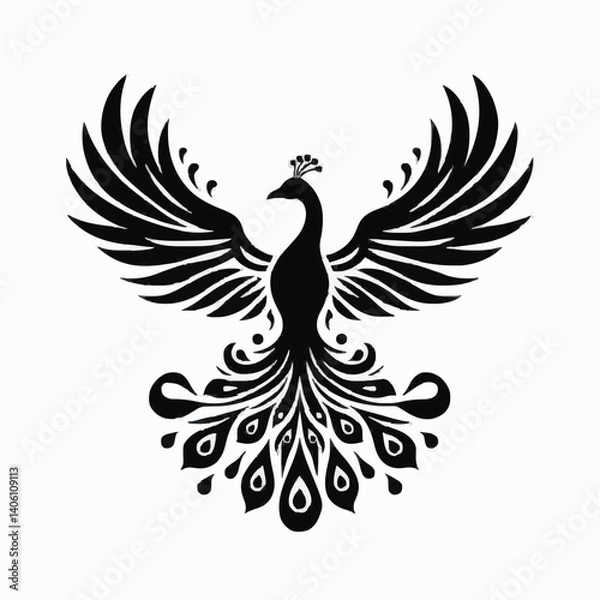 Fototapeta Stylized black peacock silhouette with spread wings and ornate tail feathers