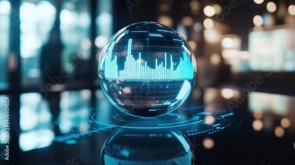 Fototapeta A magnetic table displaying income growth data projected in a transparent holographic ball, symbolizing business success