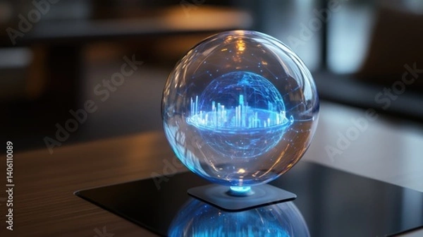 Fototapeta A magnetic table showcasing an AI-driven hologram of income growth within a transparent sphere, symbolizing business development
