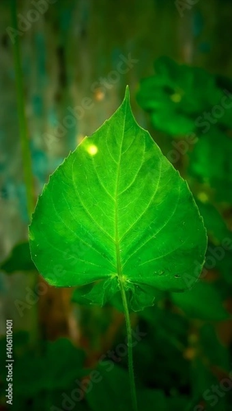 Obraz Vibrant green tropical leaf on weathered wooden board detailed textures blurred background rustic color grading